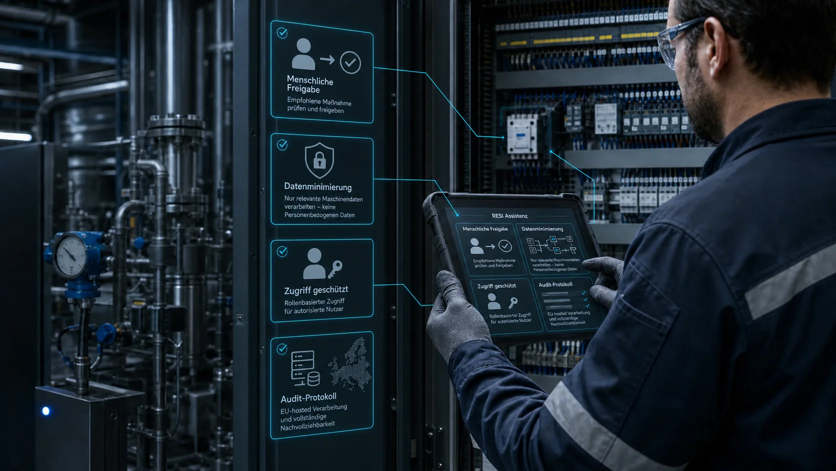 Servicetechniker nutzt RESI am Schaltschrank mit menschlicher Freigabe, Datenschutz und Audit-Protokoll